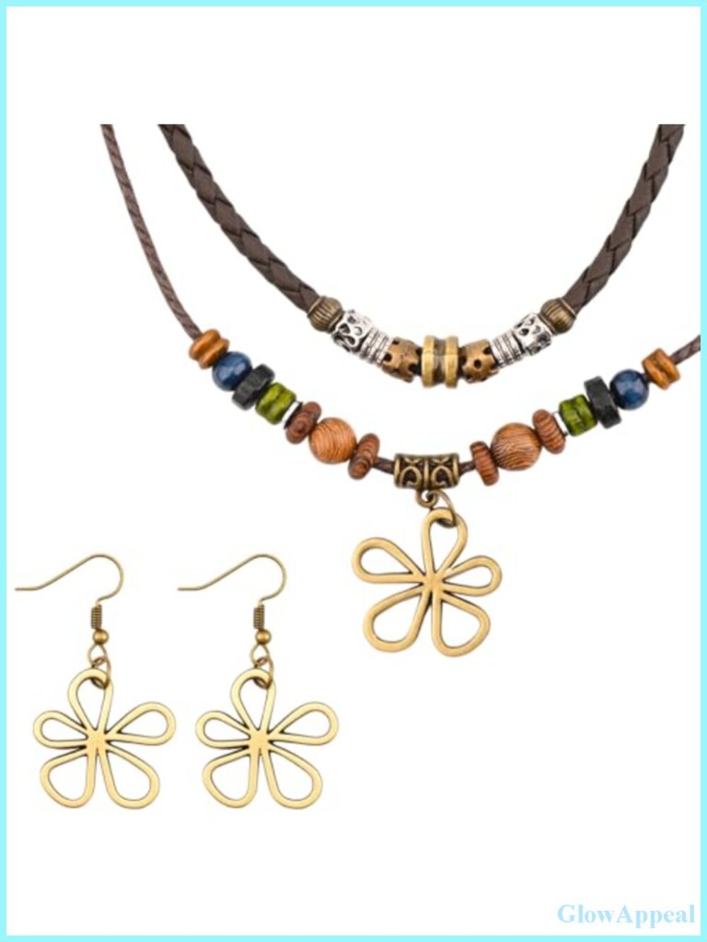Boho Layered Necklace Earrings Set Wood Bead Choker Hollow Flower Charm